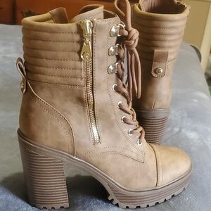 GBG Los Angeles Tan Lace-Up Boots with Gold Accents